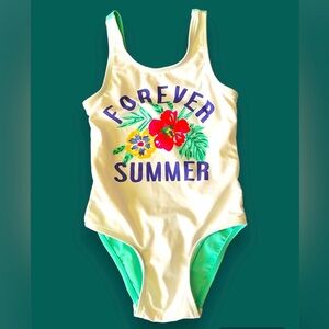 Old Navy Girls Scoop Neck Graphic Teal & White One Piece Swimsuit 4T